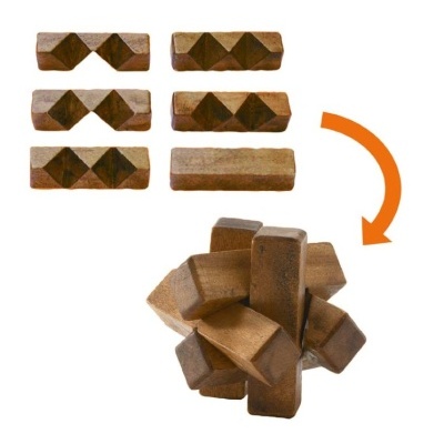 Quebra-cabeças de madeira retangular com padrão losango em dois tons castanhos, peças separadas e montadas