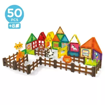 Brinquedo de construção magnético colorido com 50 peças e figuras de animais