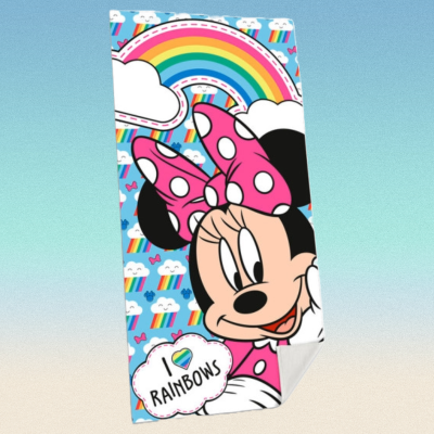 Toalha de praia infantil com estampa da Minnie, arco-íris e texto 'I LOVE RAINBOWS'