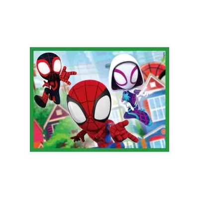 Personagens animados do Homem-Aranha com fatos coloridos em cenário urbano