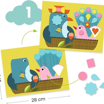 Ilustração de aves coloridas em ninhos com peças destacáveis em fundo amarelo