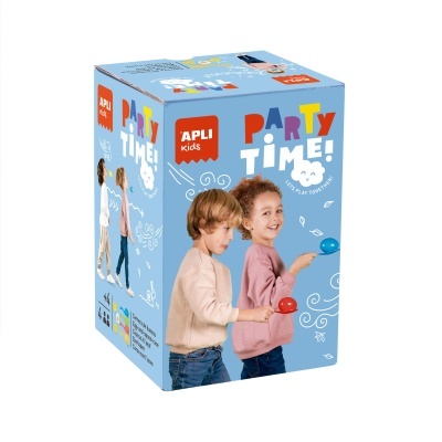 Caixa azul de jogo infantil Party Time com crianças a brincar com colheres e ovos de plástico.