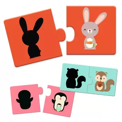 Puzzle infantil em madeira com desenhos de animais e silhuetas.