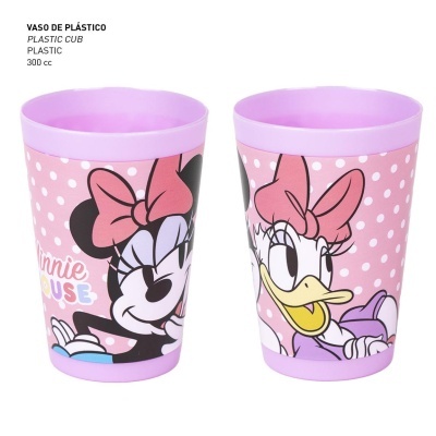 Dois copos plásticos rosa com Minnie e Margarida da Disney e bolinhas brancas