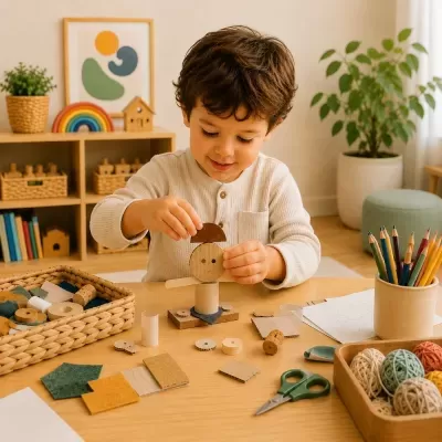Criança a brincar com peças de madeira e cortiça numa mesa com material de artesanato.