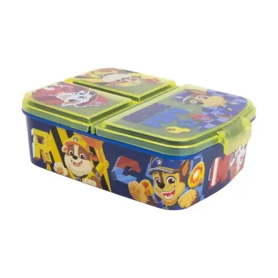 Estojo lanche plástico amarelo com personagens PAW Patrol e texto Rescue Pups