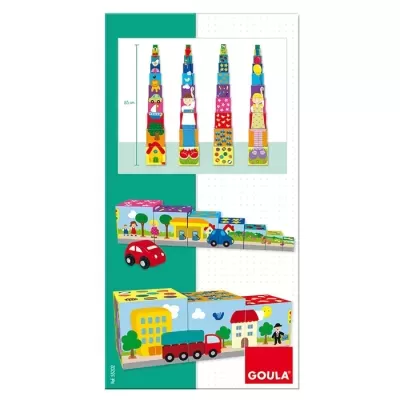 Brinquedos de madeira coloridos para empilhar e encaixar com figuras infantis e marca GOULA