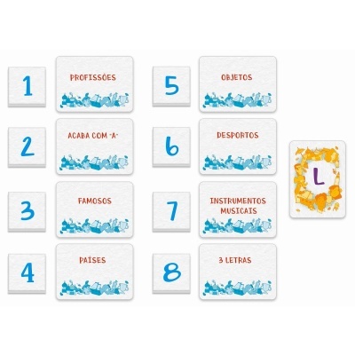 Cartas de jogo temáticas em português para diferentes categorias e uma carta com a letra L