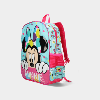 Mochila infantil azul claro e rosa com estampa da Minnie