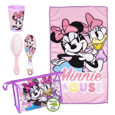 Conjunto de higiene infantil Minnie Mouse com escova, pente, copo, toalha e bolsa transparente em tons rosa e lilás