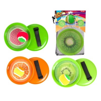 Conjunto bolas para raquete com padrão de frutas e alvos coloridos em embalagem de rede preta.