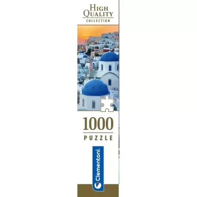 Embalagem de puzzle 1000 peças com imagem de edifícios brancos e cúpulas azuis, coleção High Quality Clementoni.
