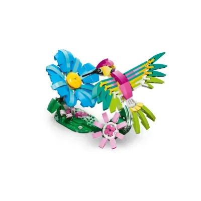 Beija-flor e flores feitas de peças de lego coloridas