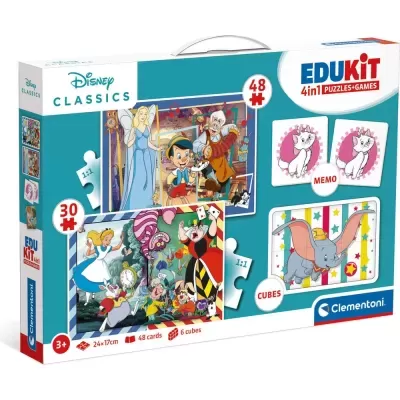 Conjunto de puzzles e jogos EduKit 4 em 1 da Clementoni com personagens da Disney, em caixa colorida.