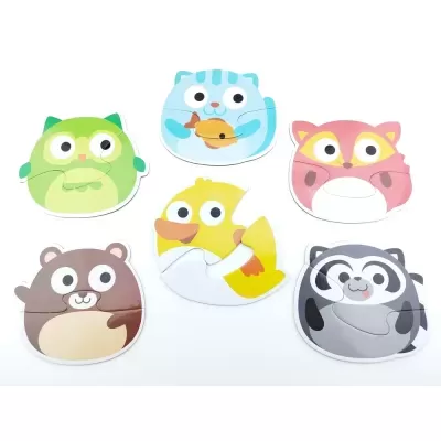 Seis puzzles de animais coloridos para crianças em fundo branco.