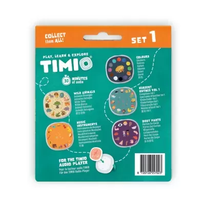 Embalagem do produto TIMIO SET 1 com cores verde e laranja e imagens para cinco categorias educativas.