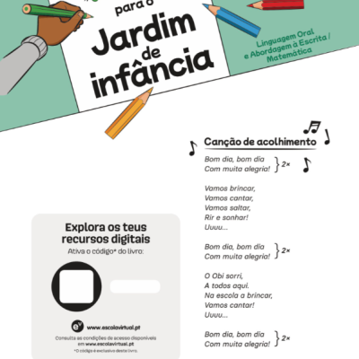 Página de livro infantil com título VAMOS para o Jardim de infância, lápis coloridos e texto de canção