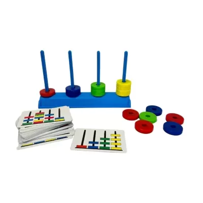 Brinquedo educativo de madeira com anéis coloridos e cartas