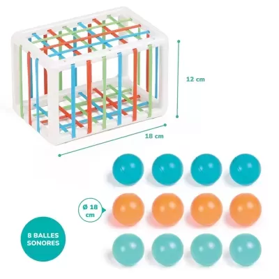 Cesto branco com ripas coloridas e 12 bolas sonoras coloridas