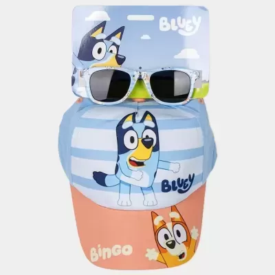 Chapéu infantil com personagens Bluey e Bingo e óculos de sol