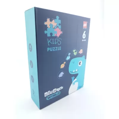 Caixa de puzzle infantil com desenho de dinossauro azul e texto relacionado a puzzles e dinossauros.
