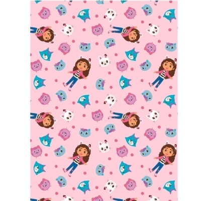 Papel de embrulho rosa com personagens animadas e cabeças de animais