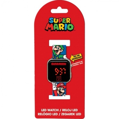 Relógio LED Super Mario com bracelete colorida e embalagem vermelha