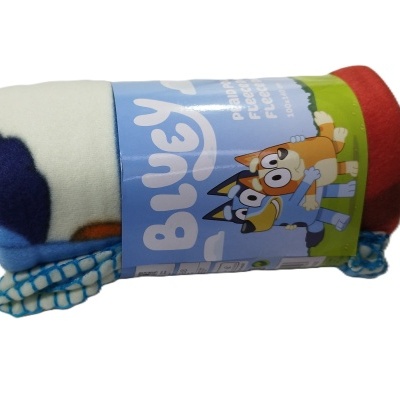 Manta dobrada com etiqueta de personagem animada Bluey em azul e verde