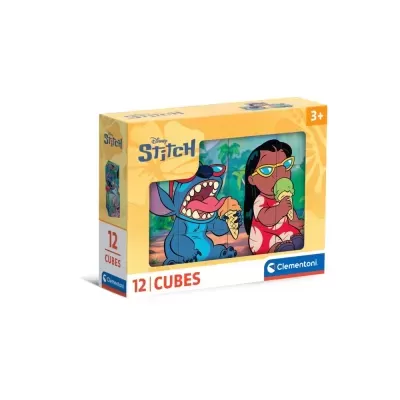Caixa do puzzle de 12 cubos com imagem do Stitch e uma rapariga a comer gelado.