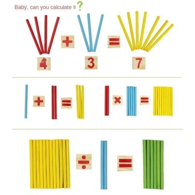Jogo educativo de cálculo com paus coloridos e blocos de madeira, texto Baby, can you calculate it ?.
