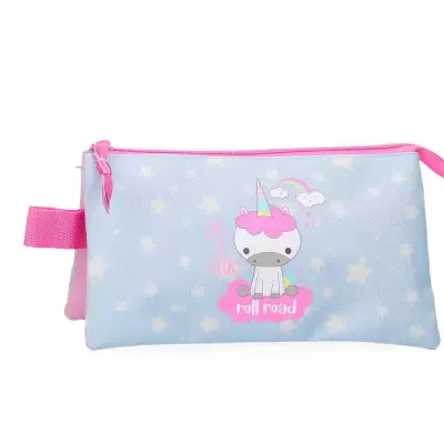 Estojo azul claro com padrão de estrelas e desenho de unicórnio rosa
