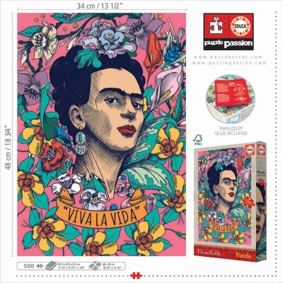 Quebra-cabeças Frida Kahlo com flores e texto VIVA LA VIDA
