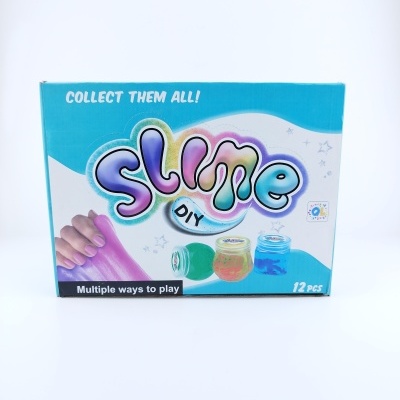 Caixa de slime DIY azul com texto e imagens de slime colorido.