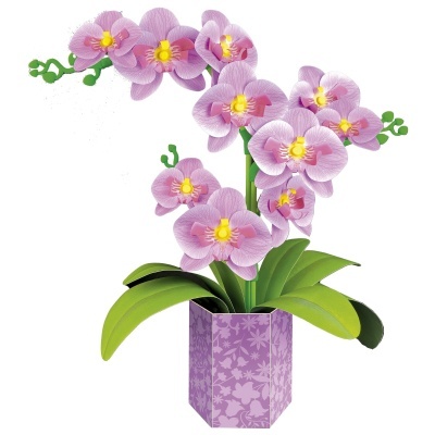 Orquídea artificial em vaso roxo com padrão floral