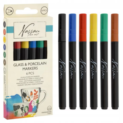 Conjunto de 6 marcadores para vidro e porcelana Nassau com tampas coloridas e embalagem branca colorida