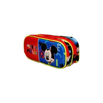 Estojo escolar vermelho e azul com imagem do Mickey Mouse e texto MICKEY MOUSE