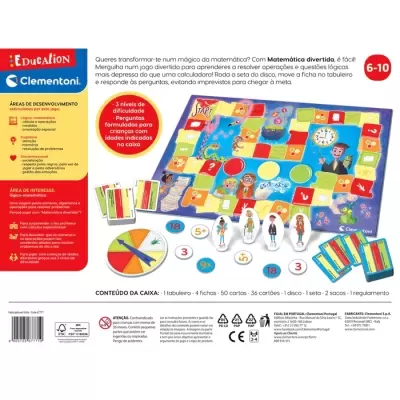 Jogo educativo Matemática Divertida da Clementoni com tabuleiro colorido e várias peças e cartões.