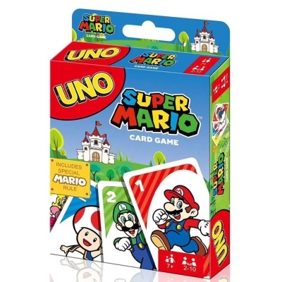 Caixa do jogo de cartas UNO edição Super Mario com personagens coloridos e texto informativo.