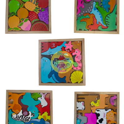 Cinco puzzles de madeira coloridos em molduras quadradas com temas de frutas e animais.
