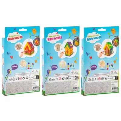 Três kits para construir e decorar casinhas para pássaros em embalagens azuis.