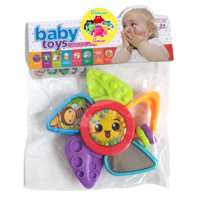 Brinquedo bebé colorido em forma de flor com cinco pétalas e embalagem com cabeçalho baby toys