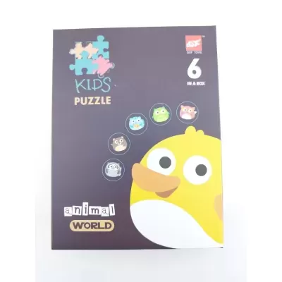 Caixa de puzzle infantil com desenho de pássaro amarelo e pequenos animais