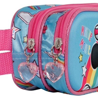 Necessaire azul e cor-de-rosa com zipers em forma de coração e estampado colorido Minnie Mouse.