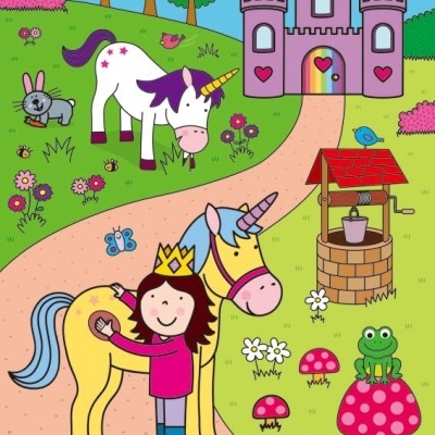 desenho de princesa, unicórnios, rã, poço e castelo coloridos