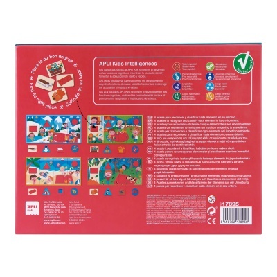 Caixa vermelha do jogo educativo APLI Kids Intelligences com imagens de quatro puzzles e texto em várias línguas