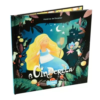 Capa de livro infantil a Cinderela com ilustração da personagem e elementos de fantasia