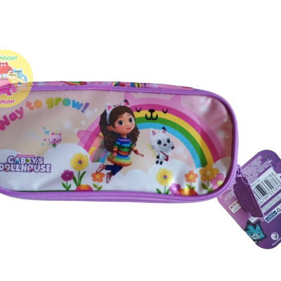 Estojo escolar rosa com personagem de desenho animado, arco-íris e flores