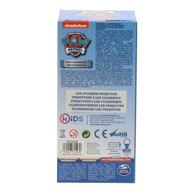Embalagem azul do projetor LED cilíndrico Paw Patrol com texto e certificações