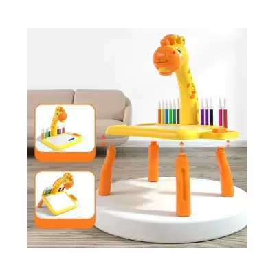 Mesa infantil amarela com painel de desenho e canetas coloridas com cabeça de girafa