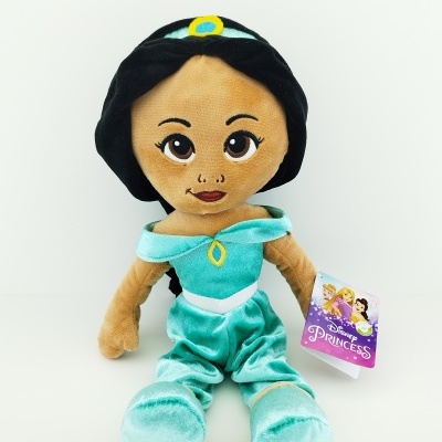 Peluche da princesa Jasmine da Disney com vestido azul-turquesa e cabelo preto